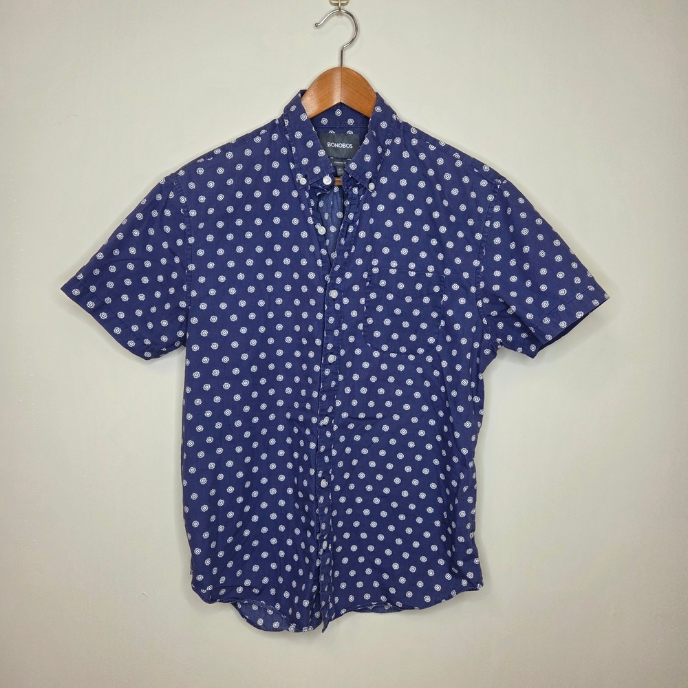 BONOBOS Mens Standard Fit Short Sleeve Button Down Shirt Blue 100% Cotton Size M